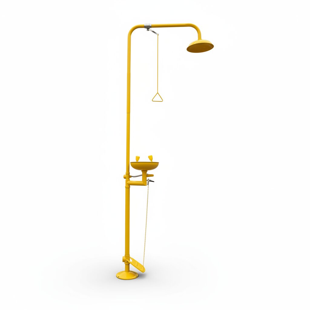 Ducha y lavaojos de emergencia de color amarillo