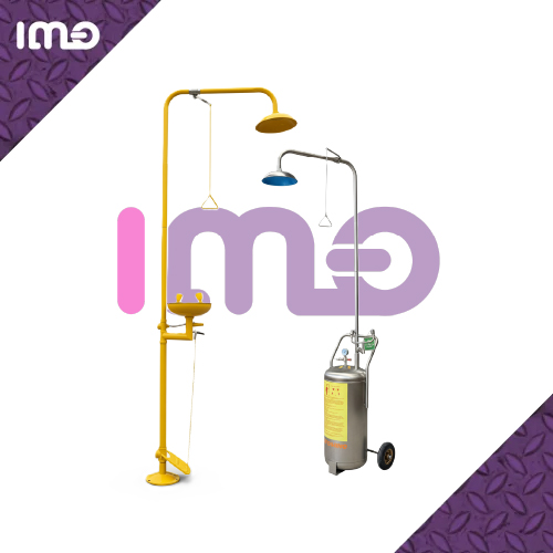 Dos duchas de emergencias con lavaojos de emergencias, una de color gris con estanque y la otra de color amarilla - Indumol