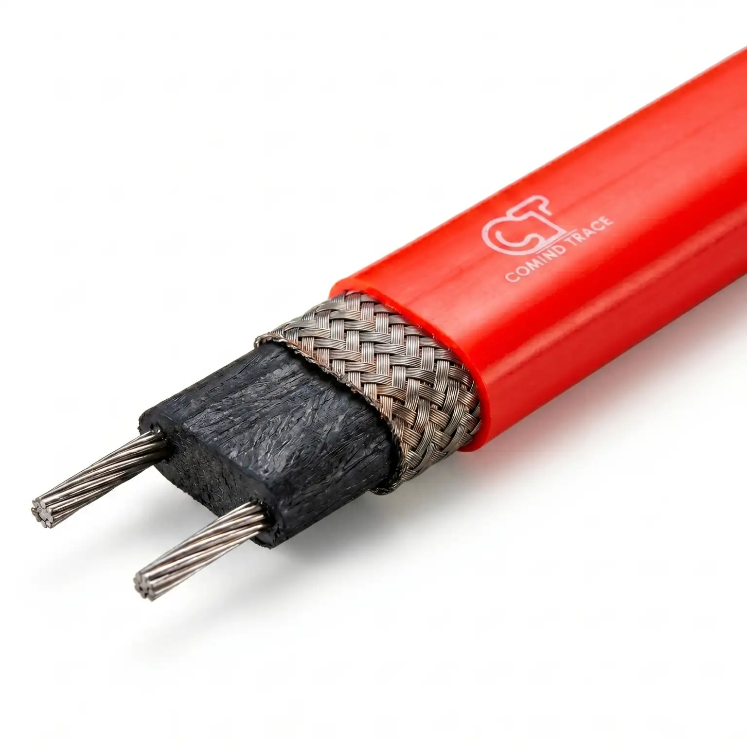Cinta calefactora autorregulable STM-CT 17 W/m de Indumol con malla de cobre estañado para trazado térmico industrial. Detalle