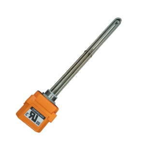 Resistencia tubular eléctrica con tapón roscado industrial y recubrimiento de alta resistencia térmica para fluidos agresivos.