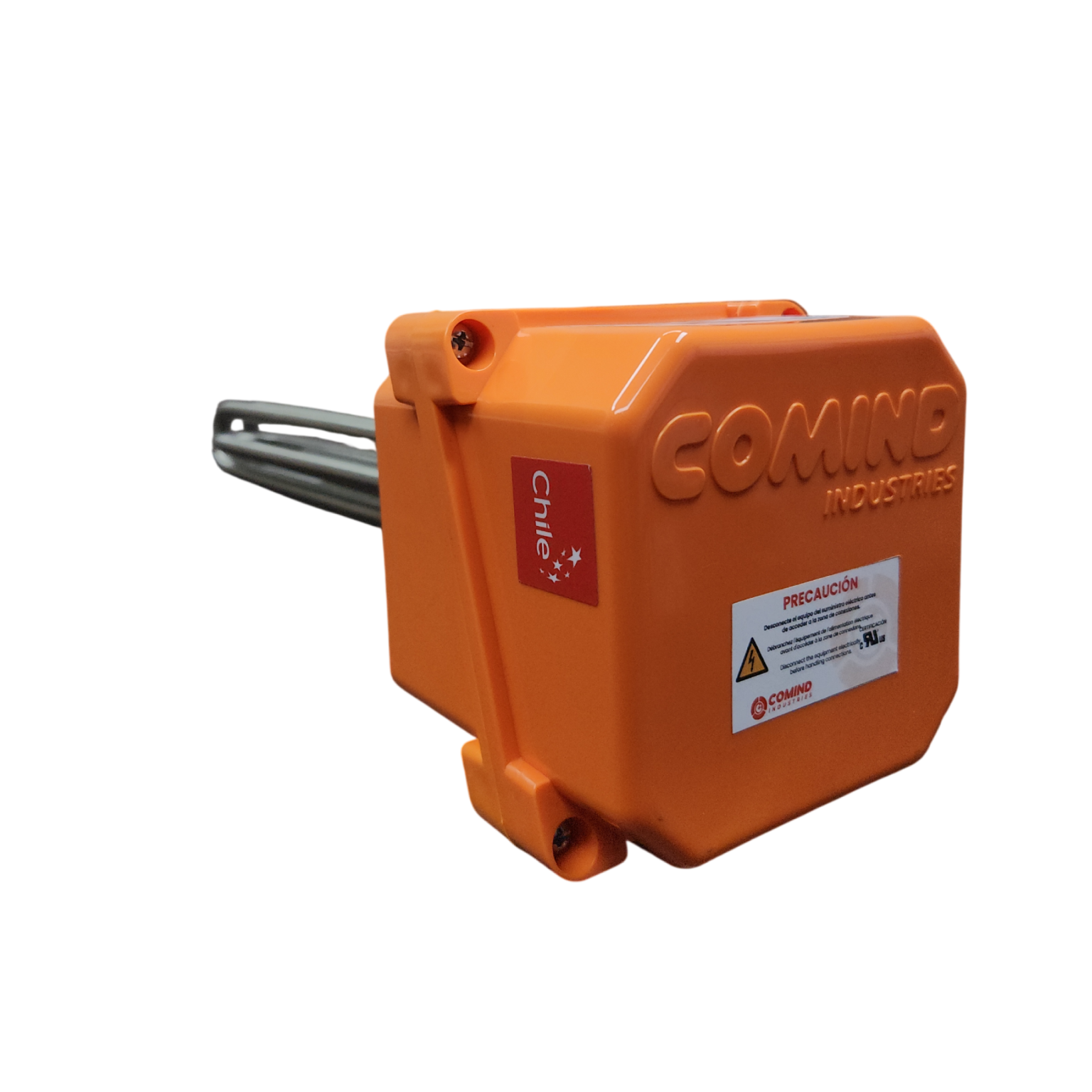 Caja de conexiones naranja para calefactor roscado industrial con certificación de aislamiento y seguridad eléctrica.