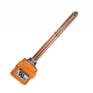 Calefactor eléctrico de inmersión de cobre con varillas extendidas y cabezal de conexiones hermético naranja.