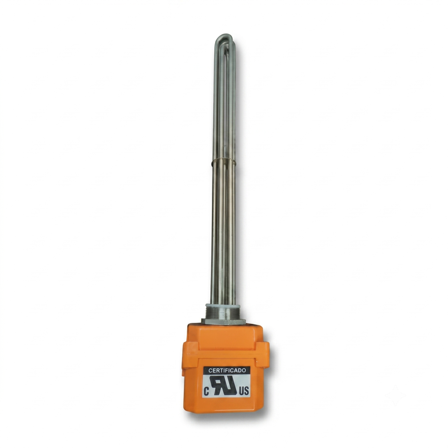 Elemento calefactor de acero inoxidable industrial para control térmico de soluciones químicas y ambientes exigentes.