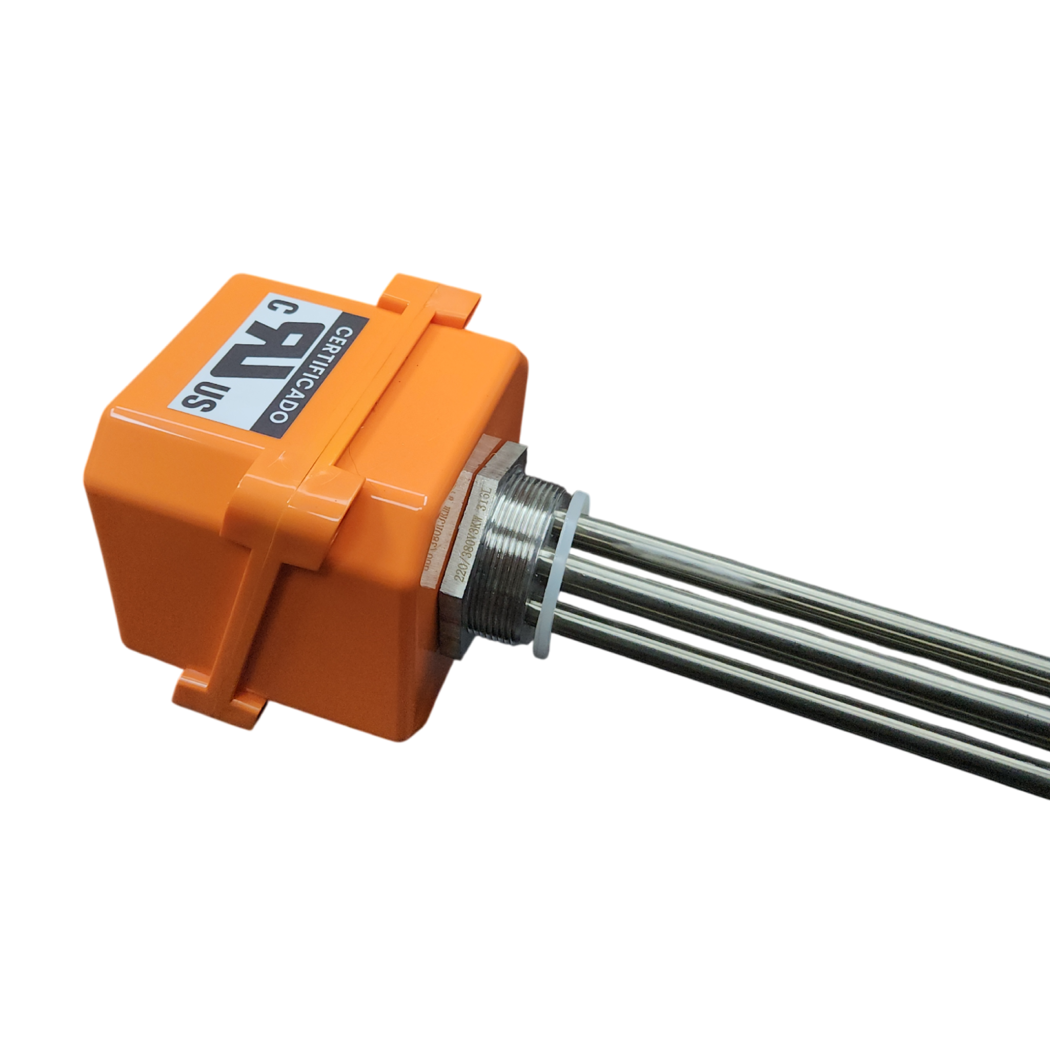 Calefactor de inmersión industrial de acero inoxidable con carcasa protectora naranja y tapón roscado.