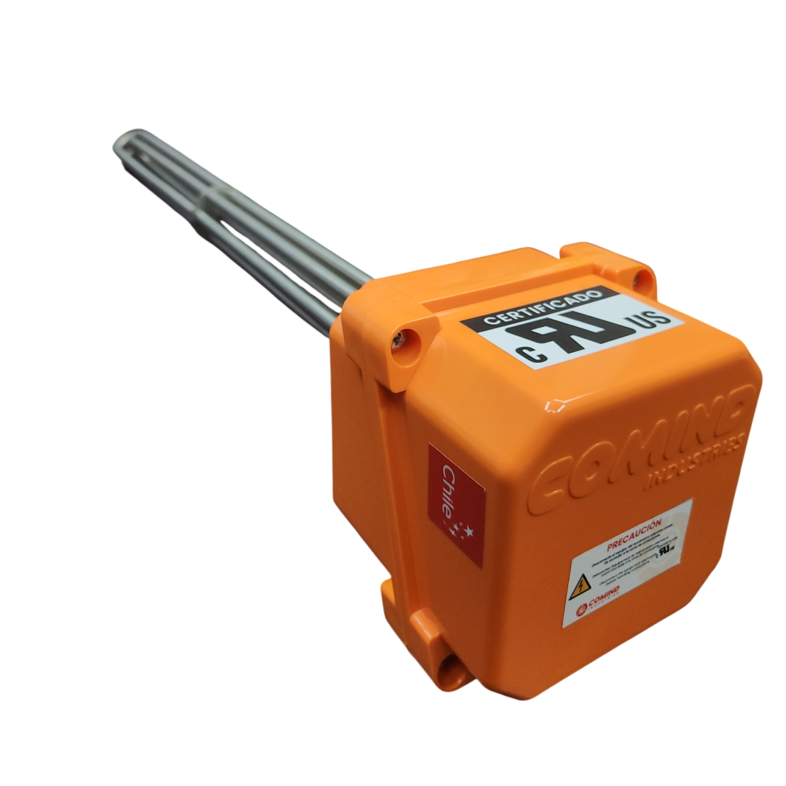 Caja de conexiones naranja para calefactor industrial de acero inoxidable con sistema de aislamiento y protección hermética.