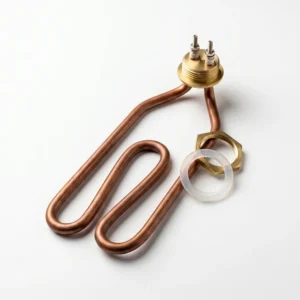 Calefactor tipo PTG con resistencia eléctrica de cobre doblada en forma de serpentín plano y tapón roscado de bronce con terminales.