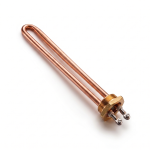 Resistencia eléctrica de inmersión fabricada en cobre con tapón roscado de latón y dos bornes de conexión para calentamiento de agua.