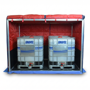 Carpa Hot Box Doble configurada para dos contenedores de fluidos optimizada para manta calefactora ATEX para IBC.