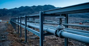 Pipe rack en faena minera de altura con válvula y estructura metálica cubiertas de escarcha al amanecer
