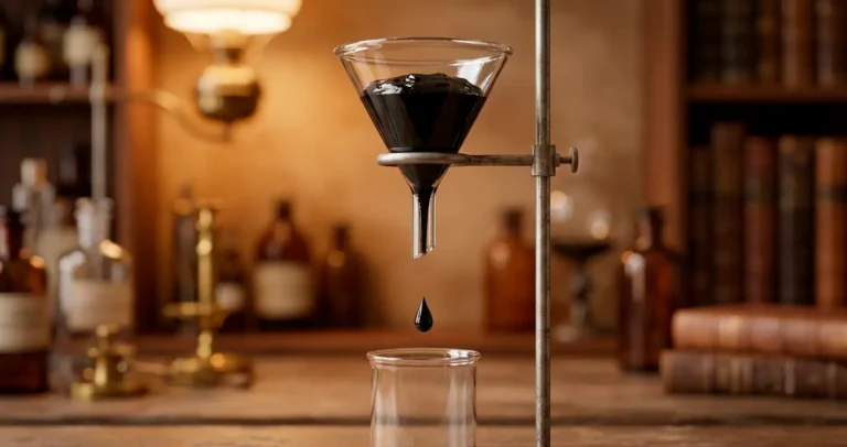 Experimento de la gota de brea en laboratorio - demostración de viscosidad extrema con fondo científico desenfocado